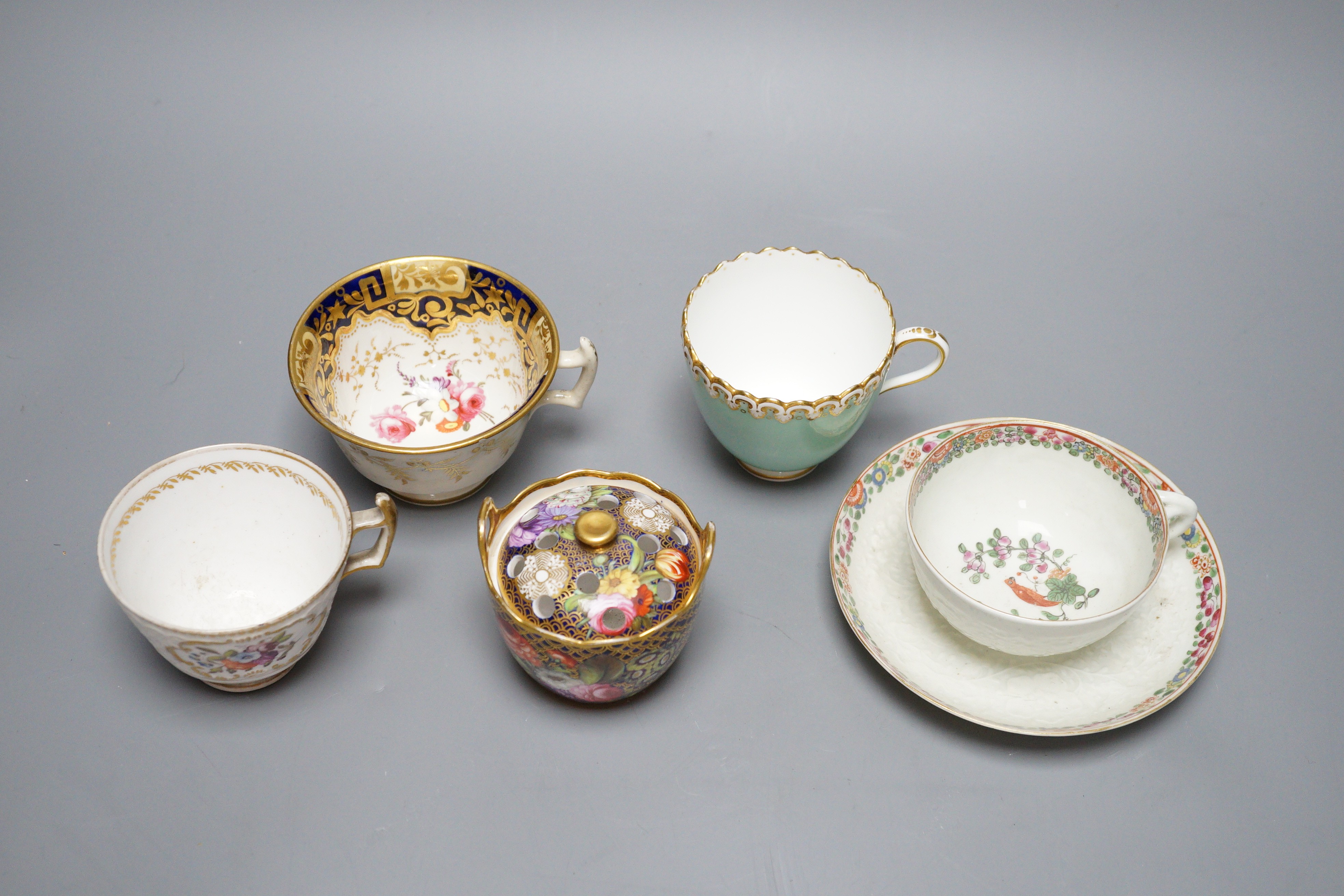 A small bone china pot pourri, possibly Spode, a relief moulded teacup and saucer, and three cups